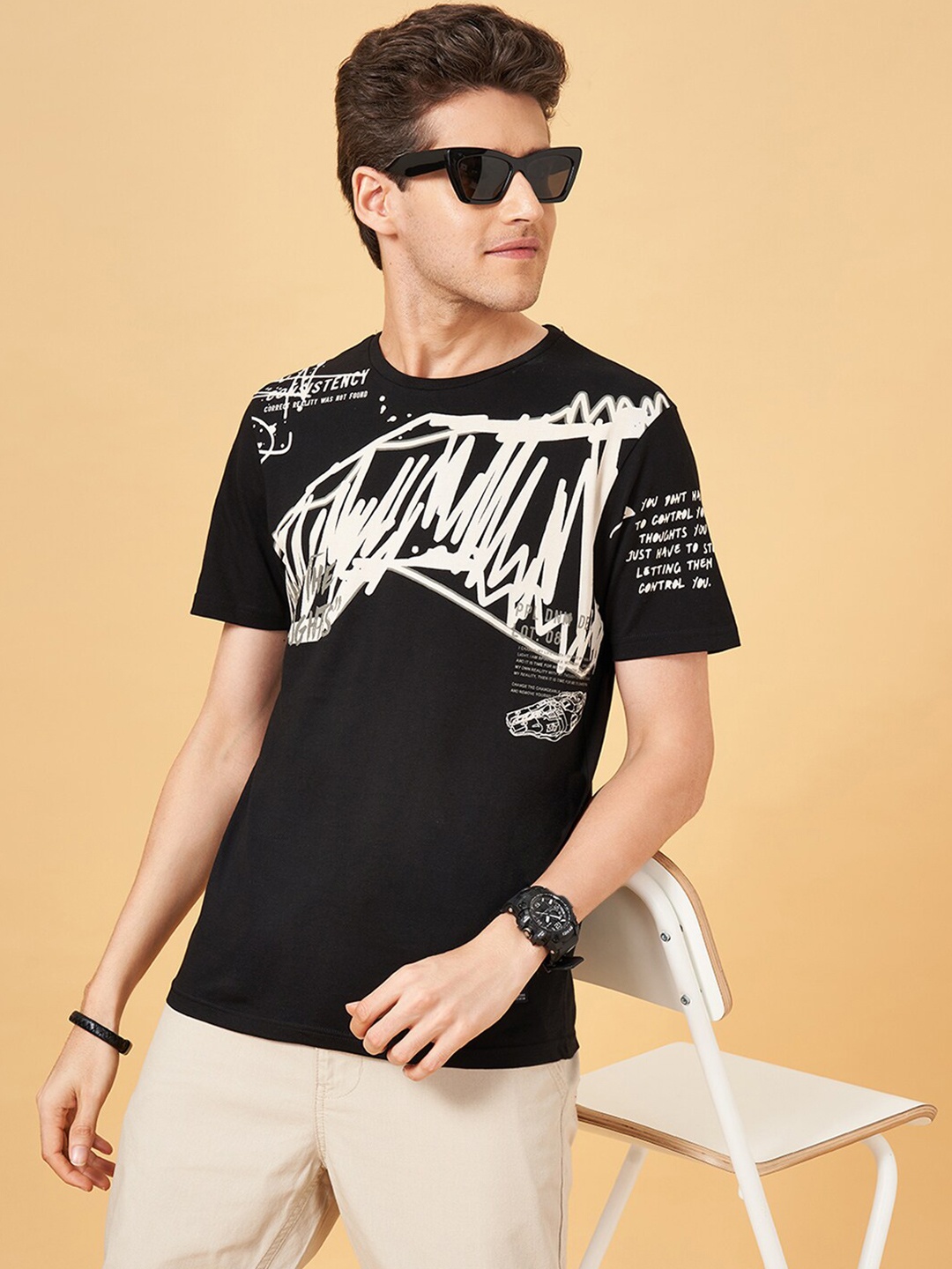 People Men Abstract Print Cotton T-shirt, Black
