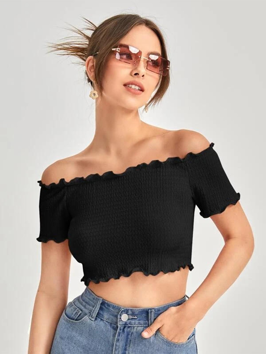 

TANDUL Solid Off-Shoulder Bardot Crop Top, Black