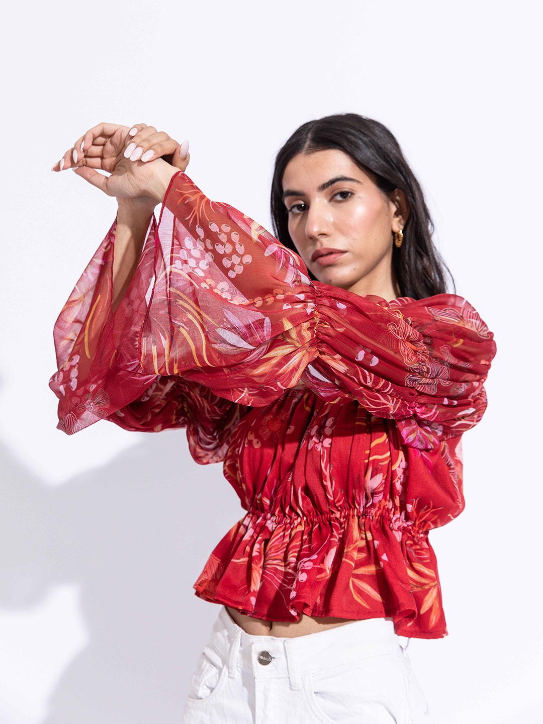 

AROOP INDIA Print Bishop Sleeves Chiffon Cinched Waist Top, Red