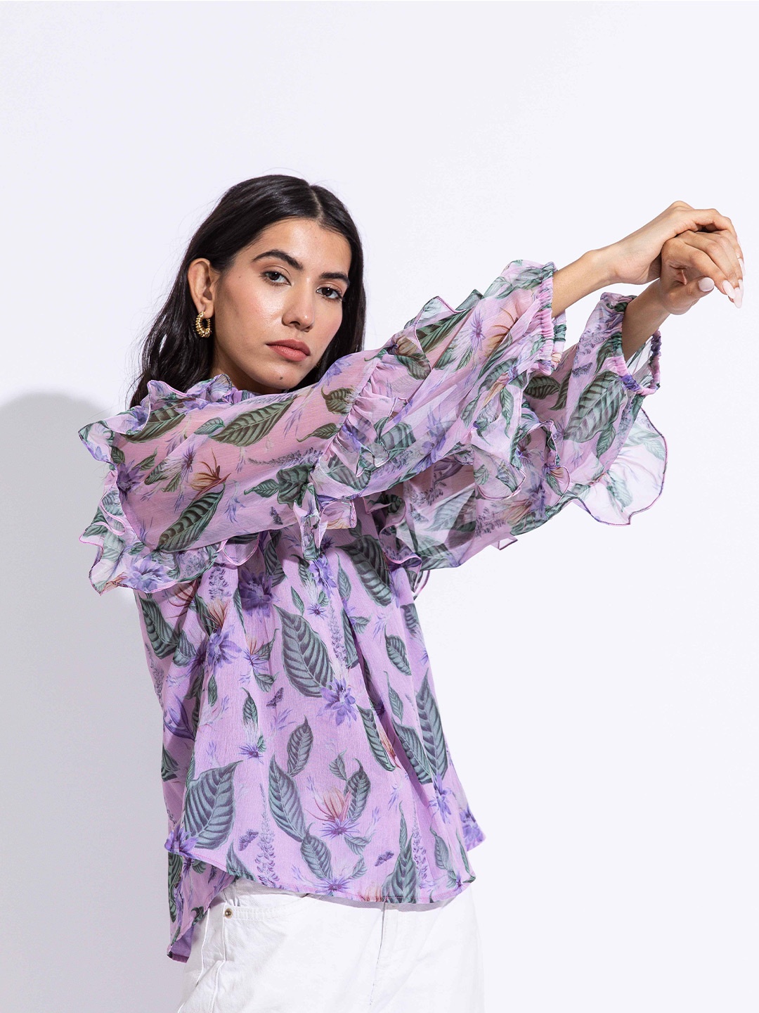 

AROOP INDIA Floral Print Flutter Sleeve Chiffon Top, Lavender