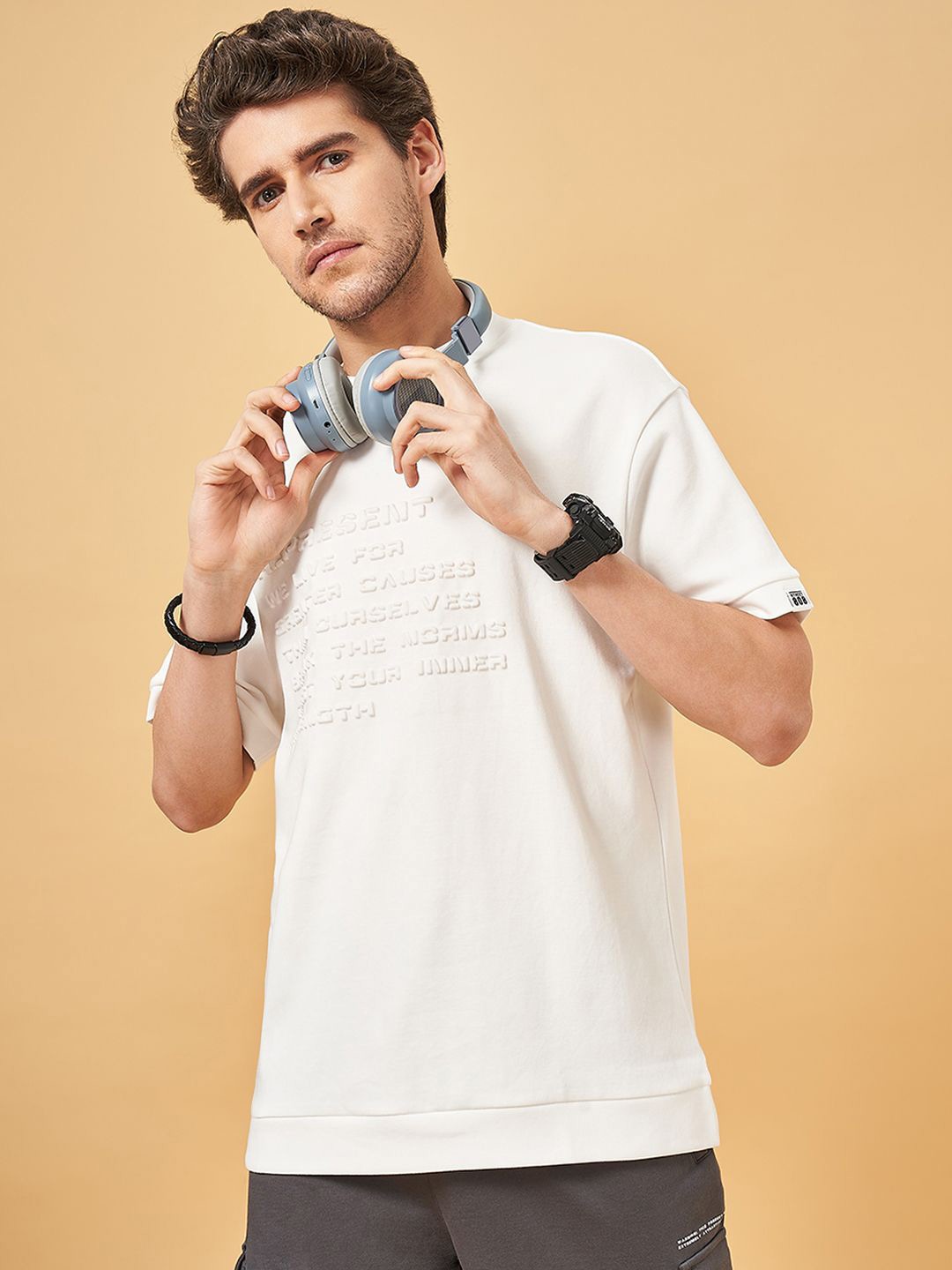 

Street 808 by Pantaloons Men Typography Cotton Boxy T-shirt, Off white