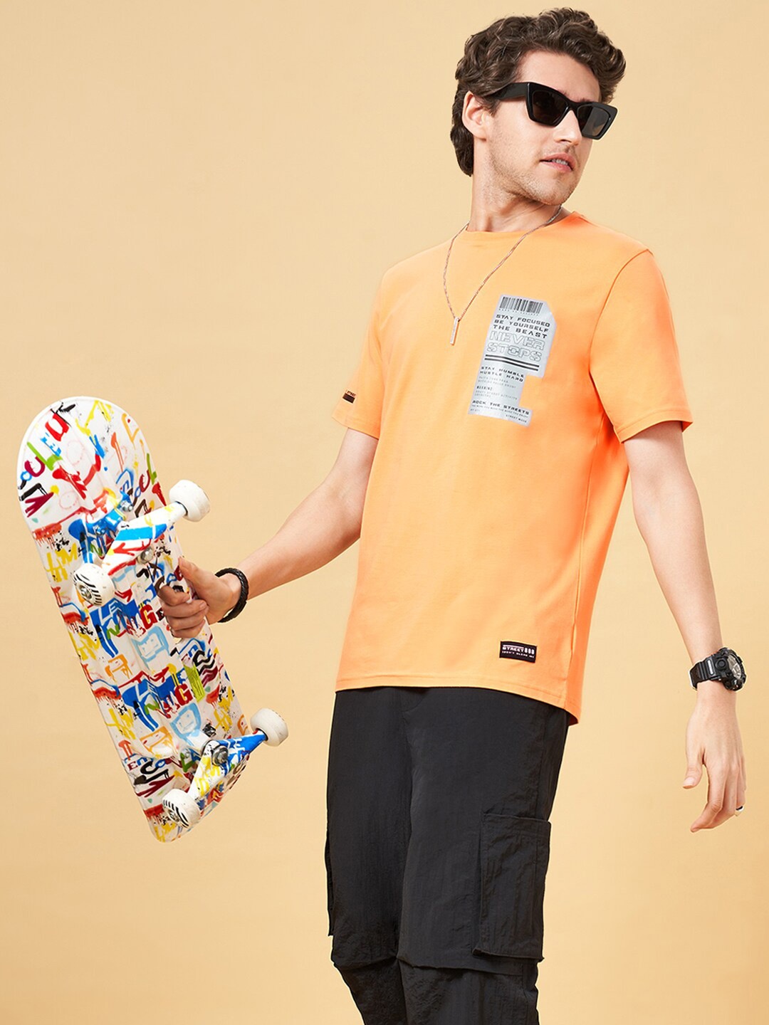 

Street 808 by Pantaloons Men Typography Printed Round Neck Cotton T-shirt, Peach