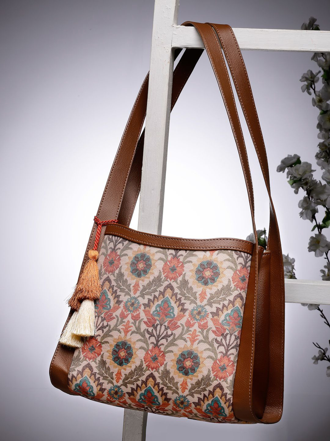 

Anouk Tan Brown Floral Printed Structured Handheld Bag