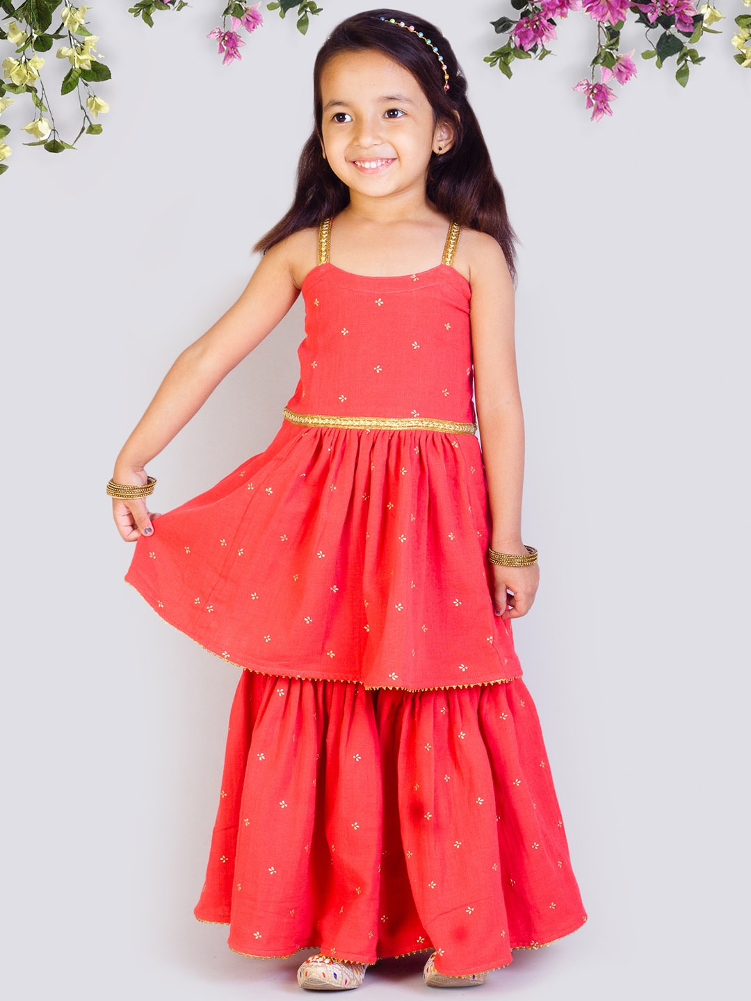 

Tangerine Closet Girls Floral Embroidered Regular Pure Cotton Kurta with Sharara, Red
