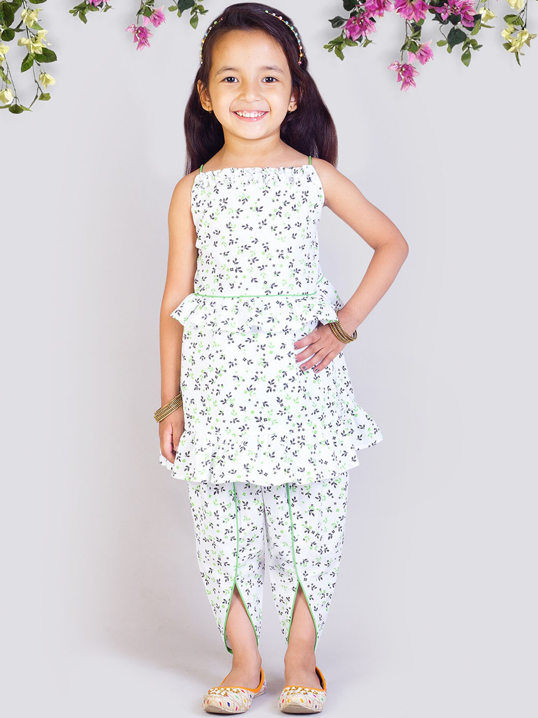 

Tangerine Closet Girls Floral Printed Regular Pure Cotton Kurta with Dhoti Pants, White