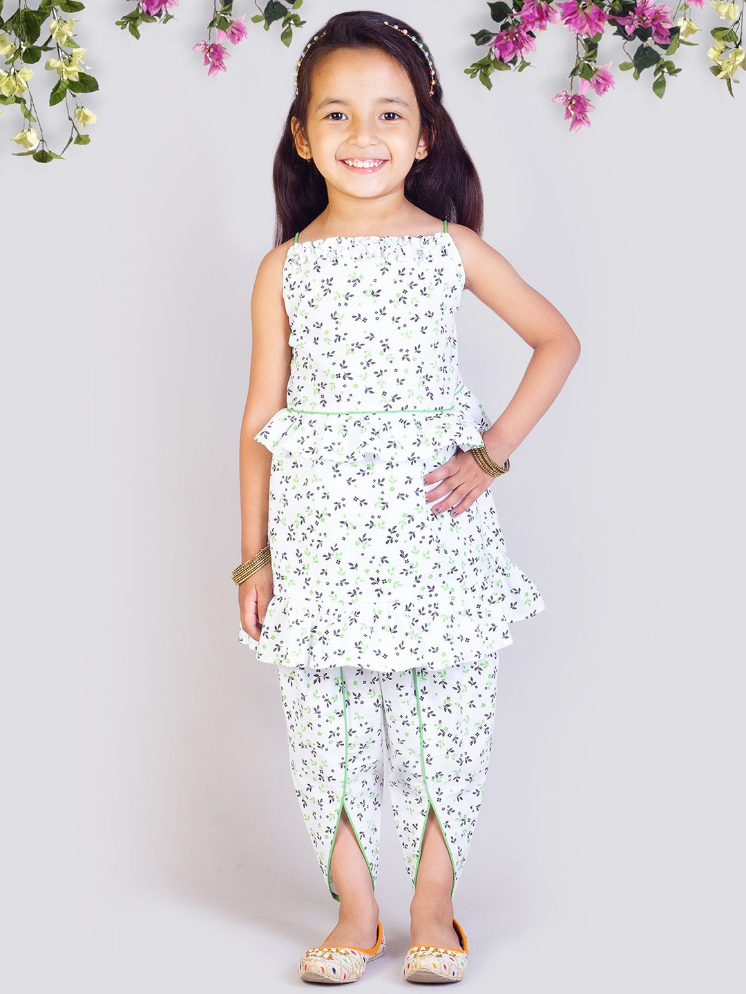

Tangerine Closet Girls Floral Printed Regular Pure Cotton Kurta with Dhoti Pants, White