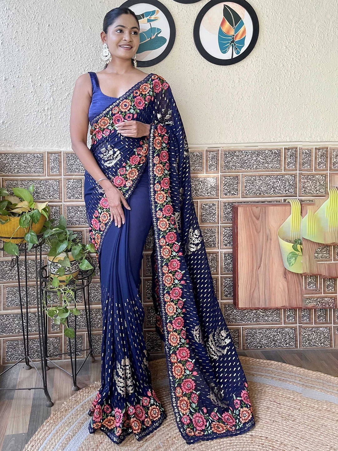 

Mitera Floral Embroidered Saree, Blue