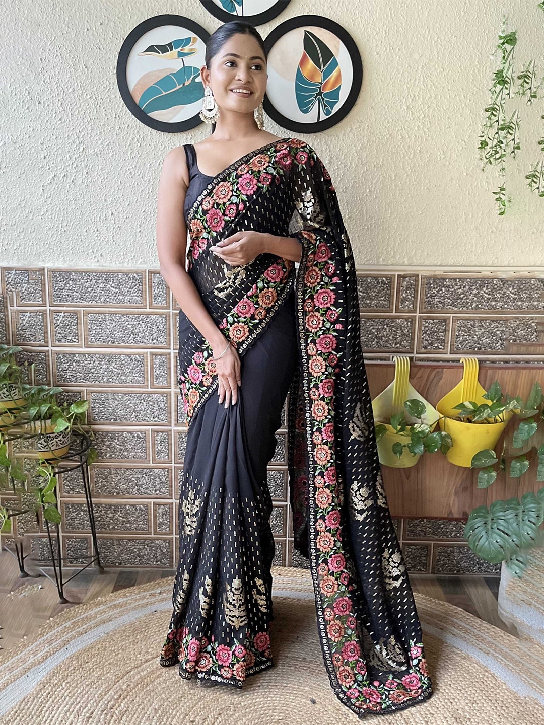

Mitera Embroidered Saree With Blouse Piece, Black