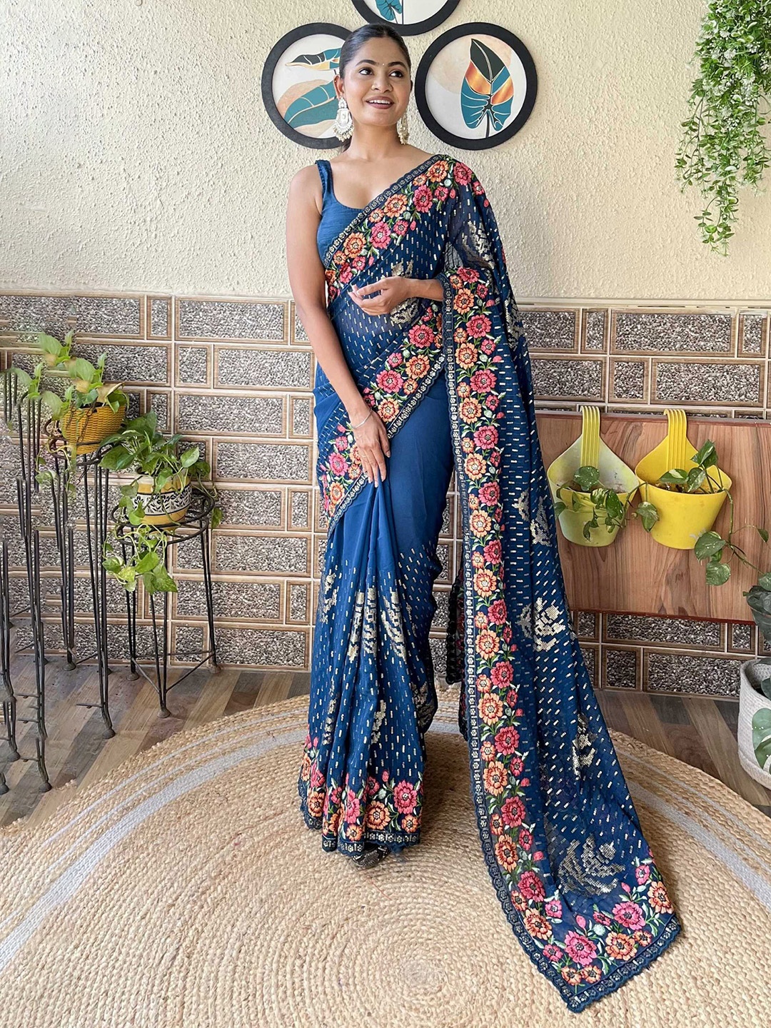 

Mitera Floral Embroidered Saree, Teal