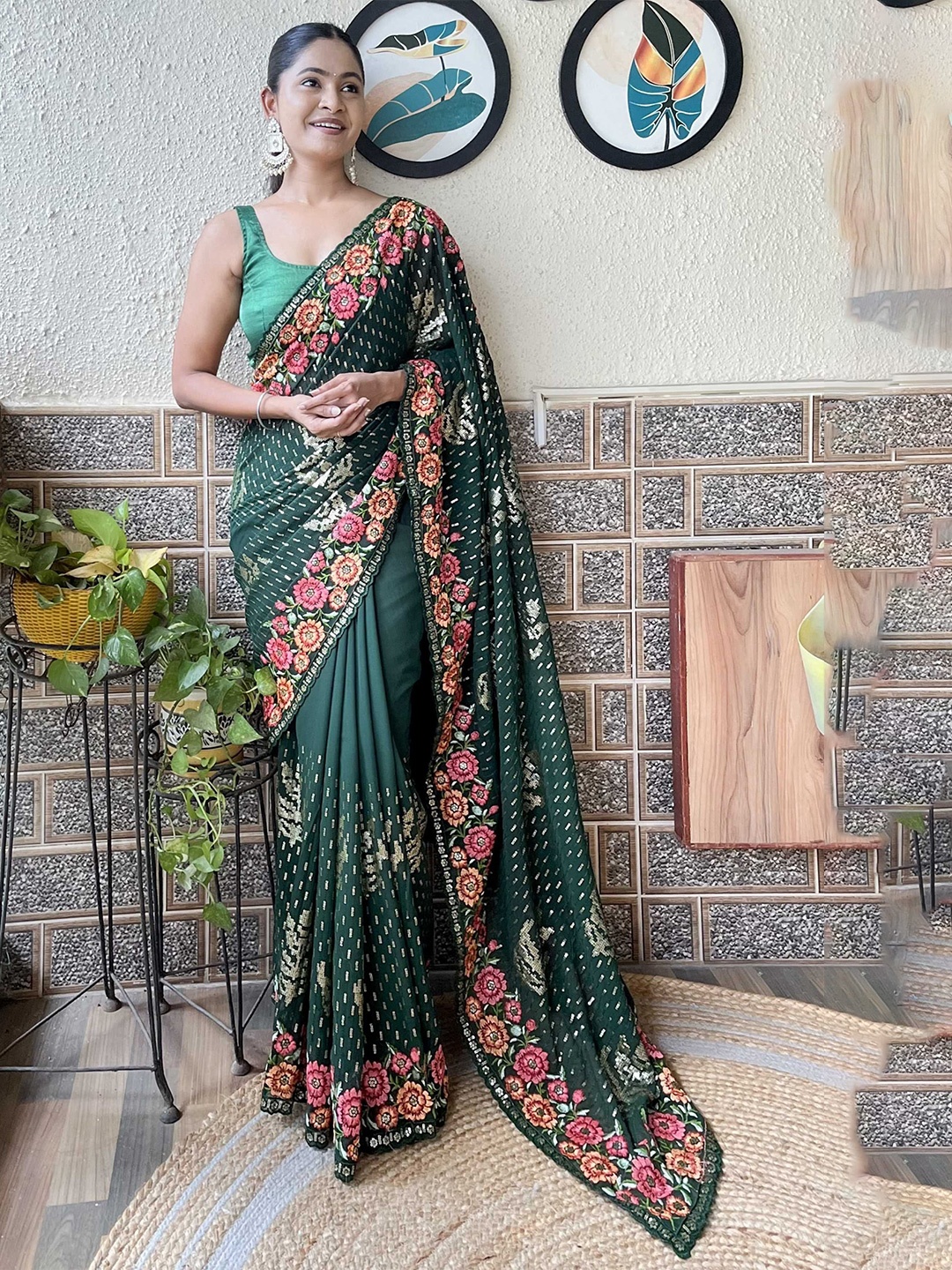 

Mitera Floral Embroidered Saree, Green
