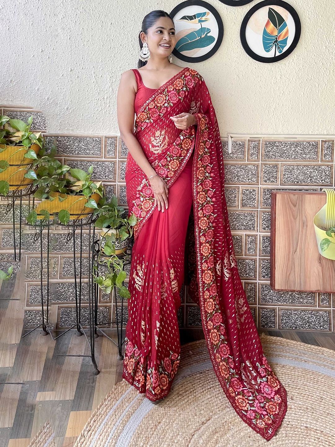 

Mitera Embellished Embroidery Work Saree, Red