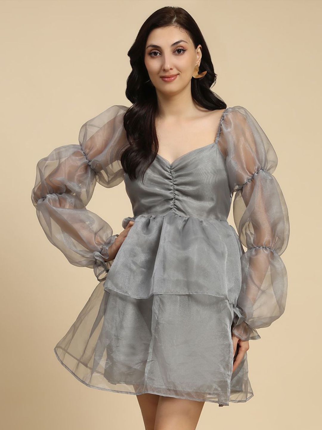 

Phenav Sweetheart Neck Long Puff Sleeves Net Fit & Flare Dress, Grey