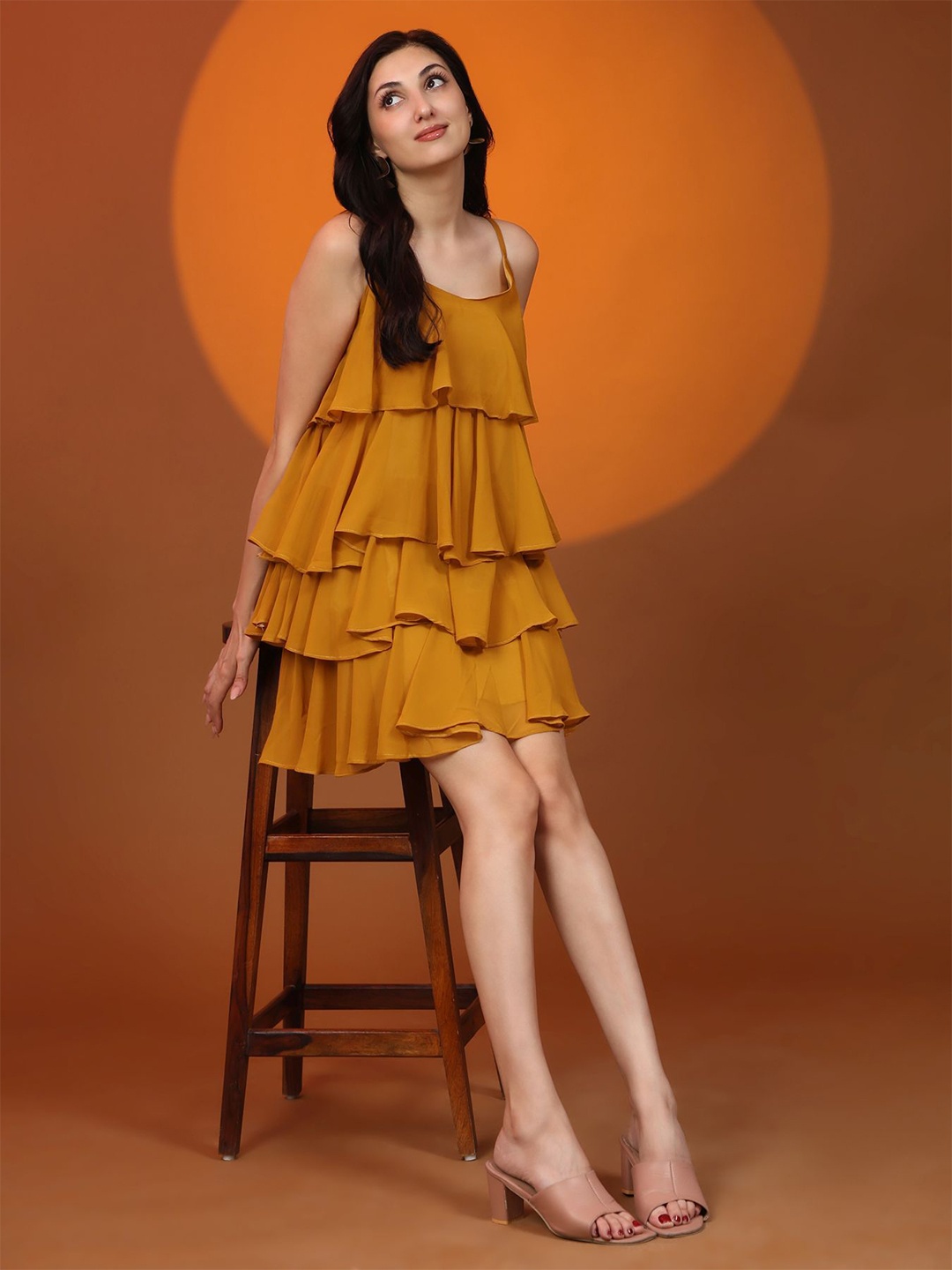 

Phenav Shoulder Straps Sleeveless Georgette Fit & Flare Dress, Yellow