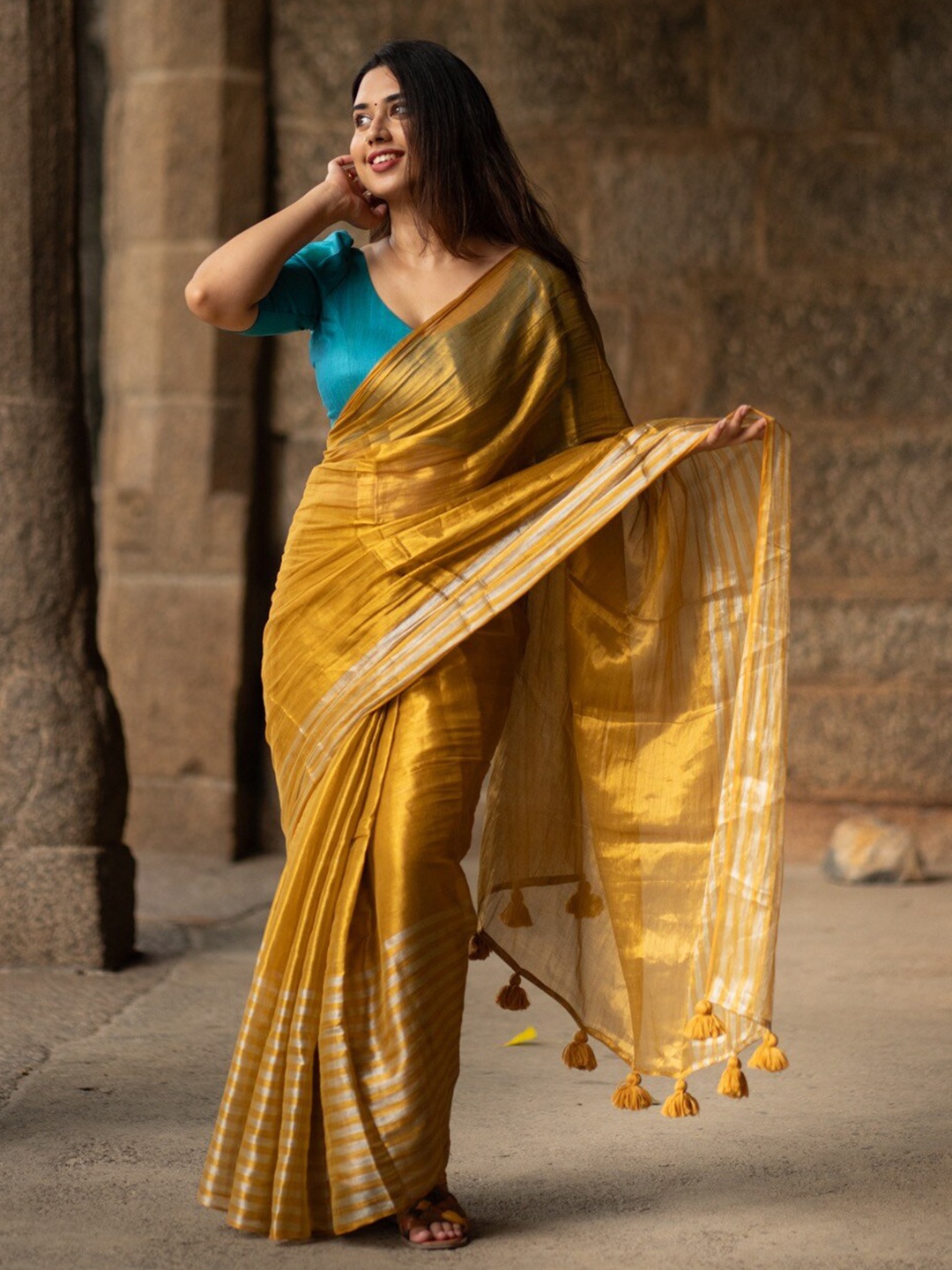 

I LOVE SAREES Striped Zari Saree, Mustard