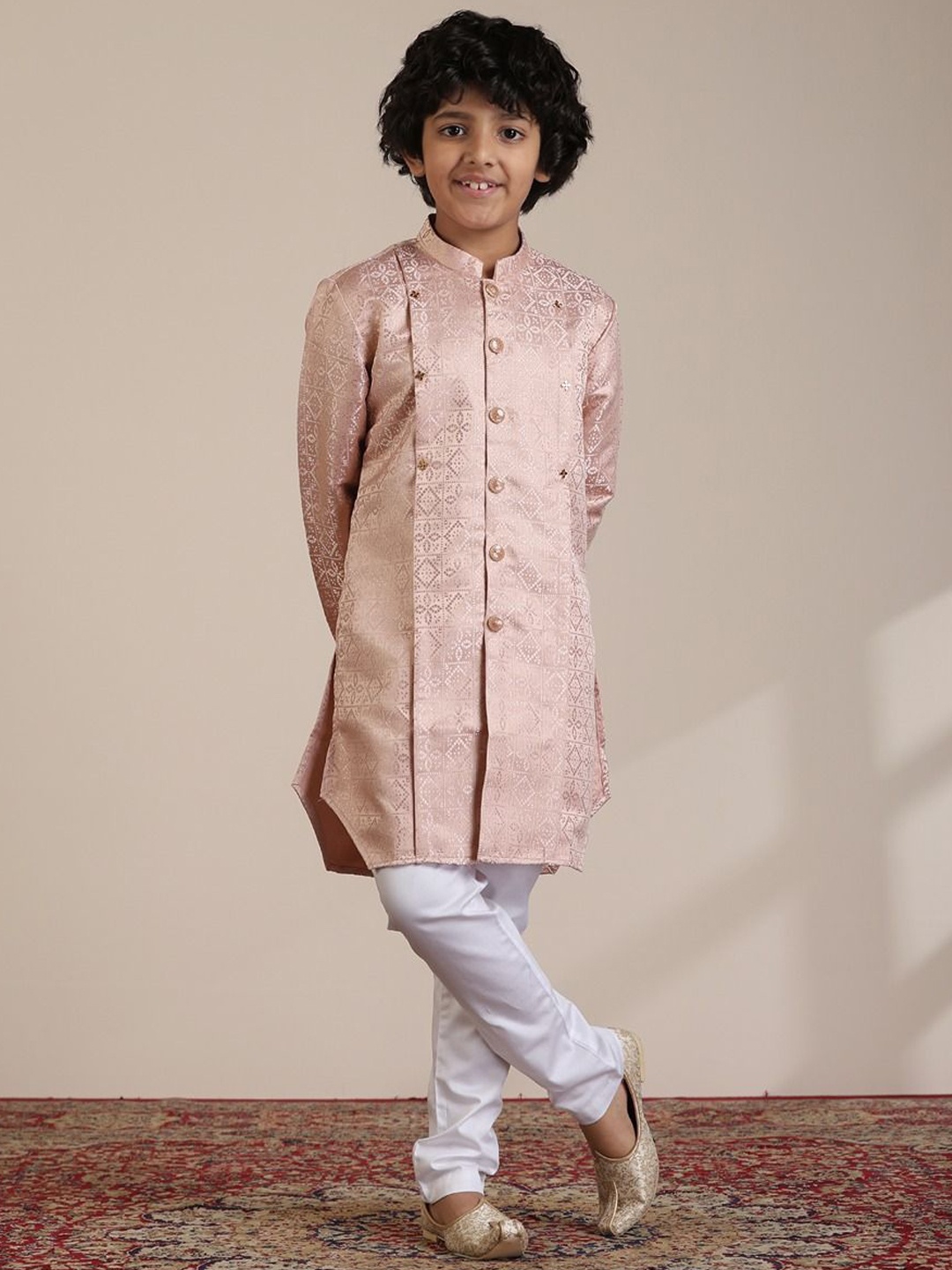 

Manyavar Boys Woven Design Regular Kurta with Trousers, Pink