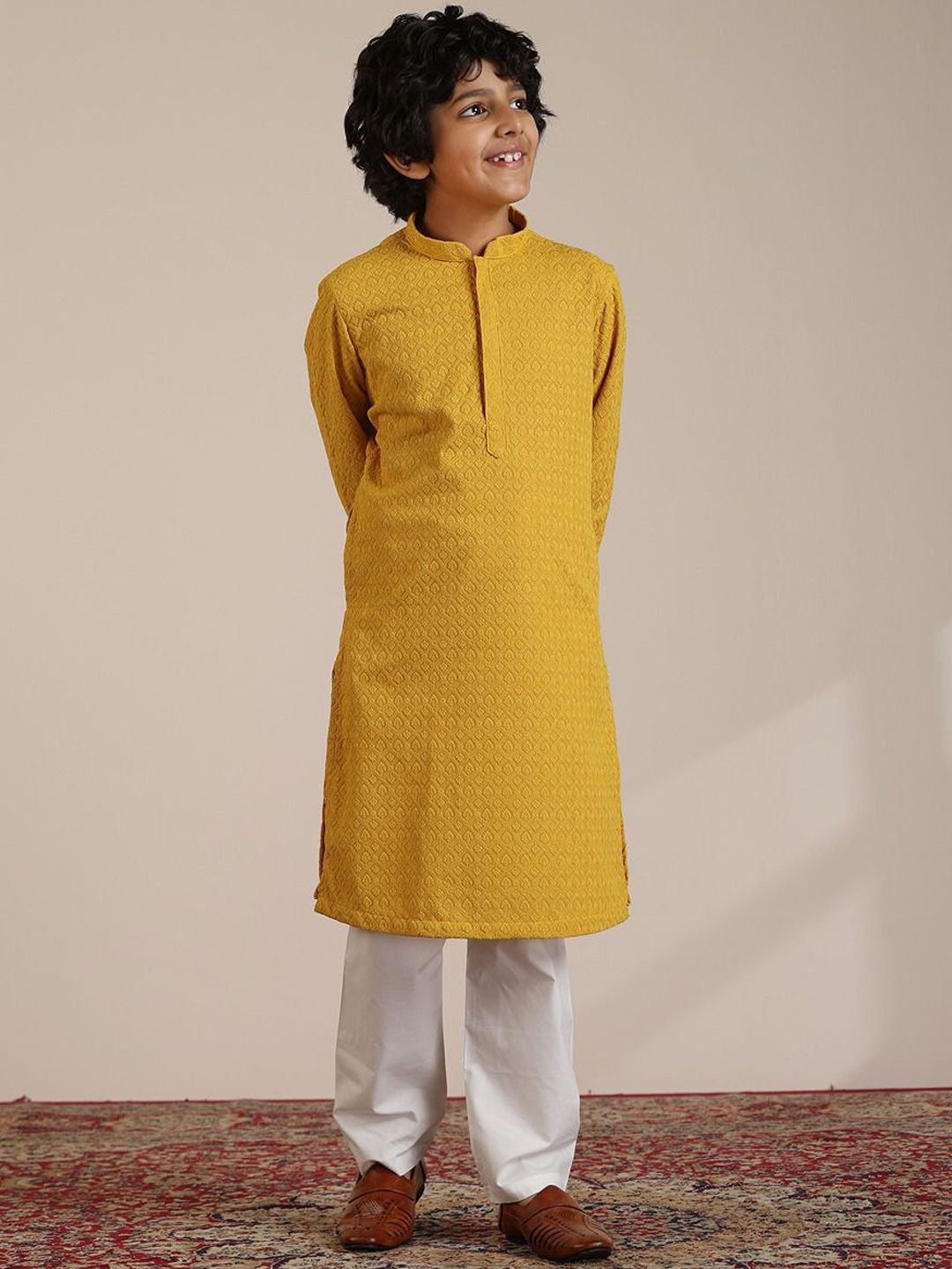 

Manyavar Boys Embroidered Regular Thread Work Straight Kurta With Pyjamas, Mustard