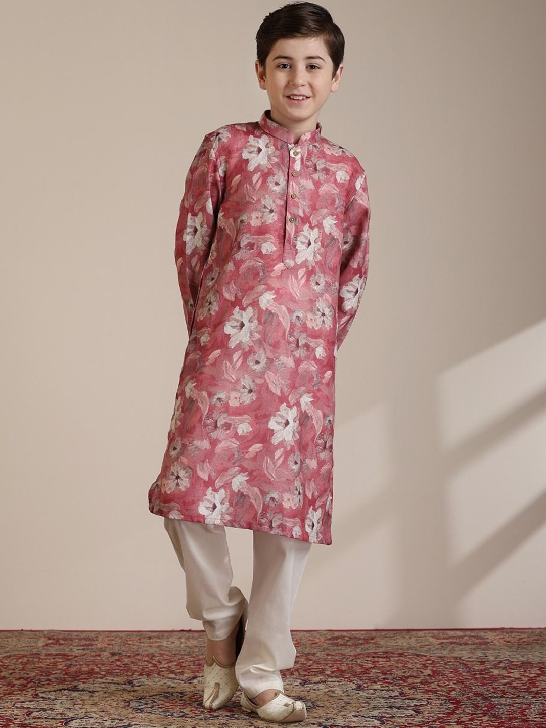 Manyavar Boys Floral Printed Regular Kurta with Pyjamas, Coral