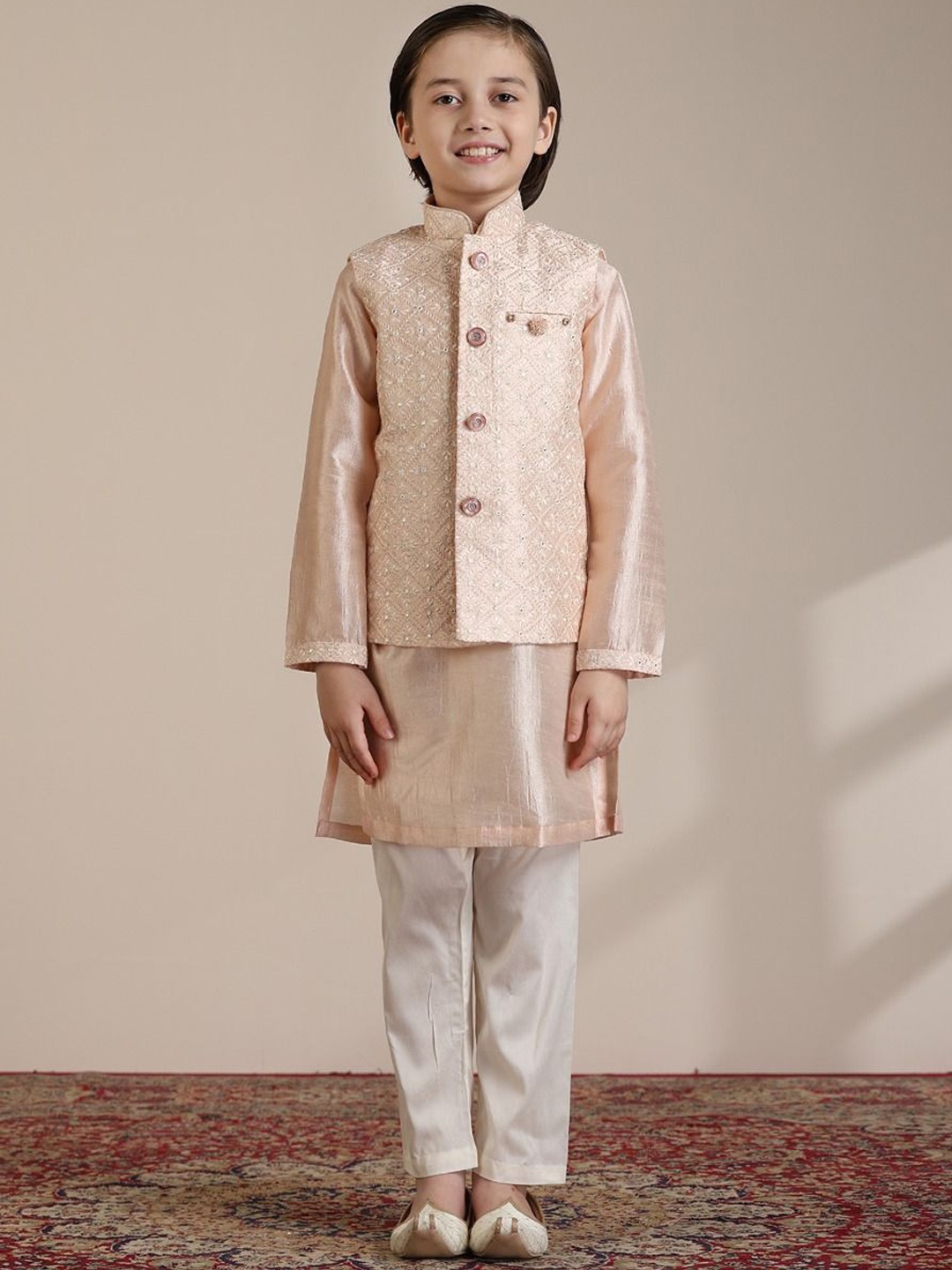 Manyavar Boys Floral Embroidered Regular Mirror Work Kurta and Pyjamas with Jacket, Pink