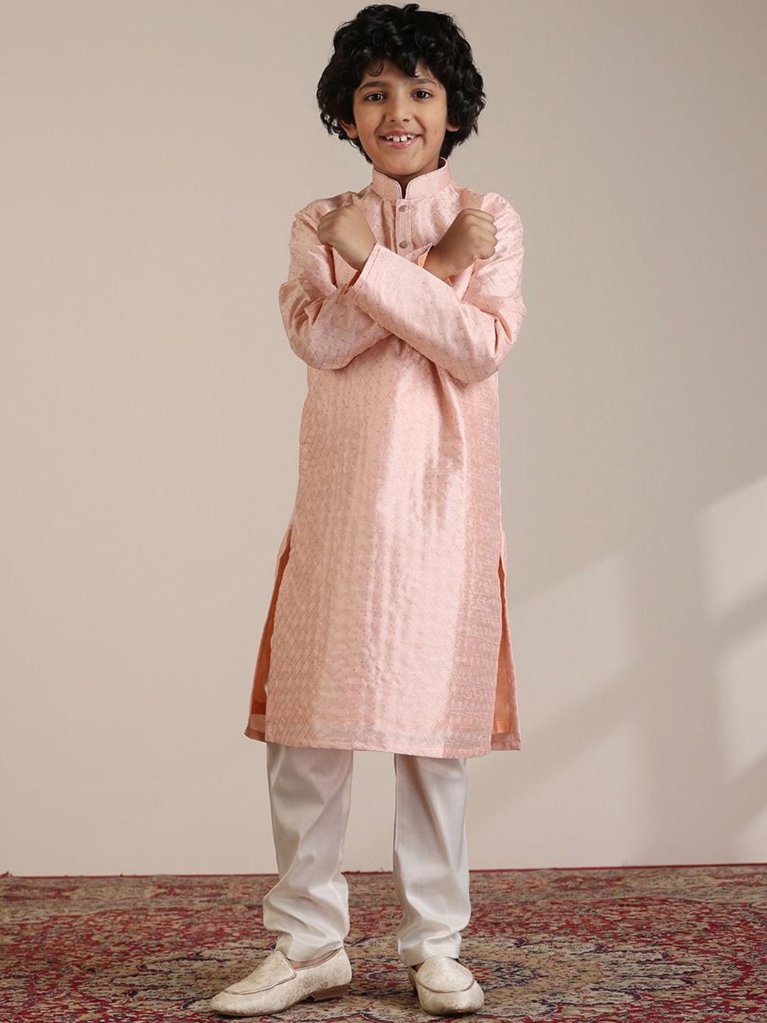 

Manyavar Boys Embroidered Regular Sequinned Straight Kurta With Pyjamas, Peach