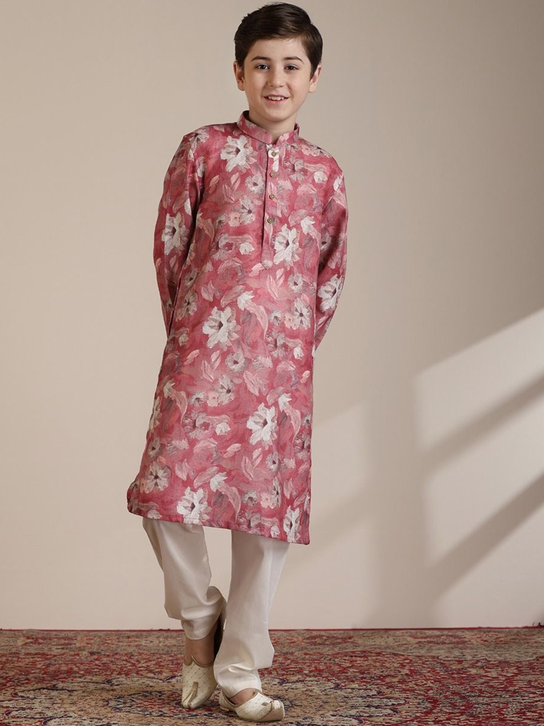 Manyavar Boys Floral Printed Regular Kurta with Pyjamas, Coral