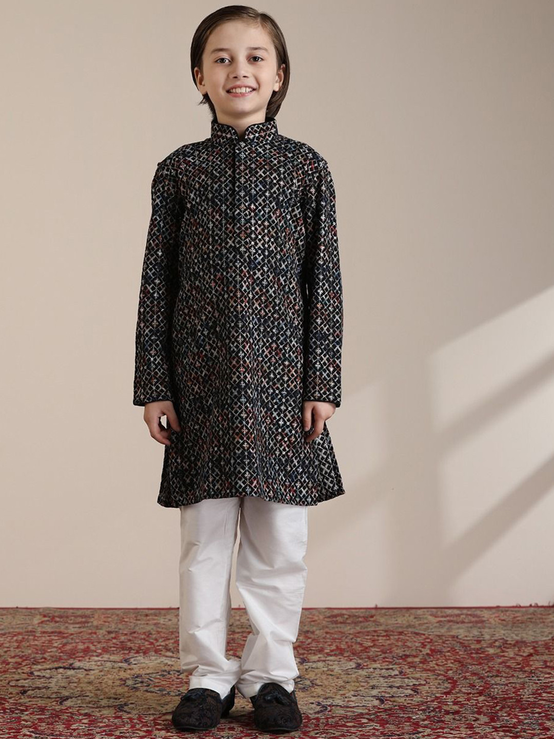 

Manyavar Boys Embroidered Regular Chikankari Kurta with Pyjamas, Black