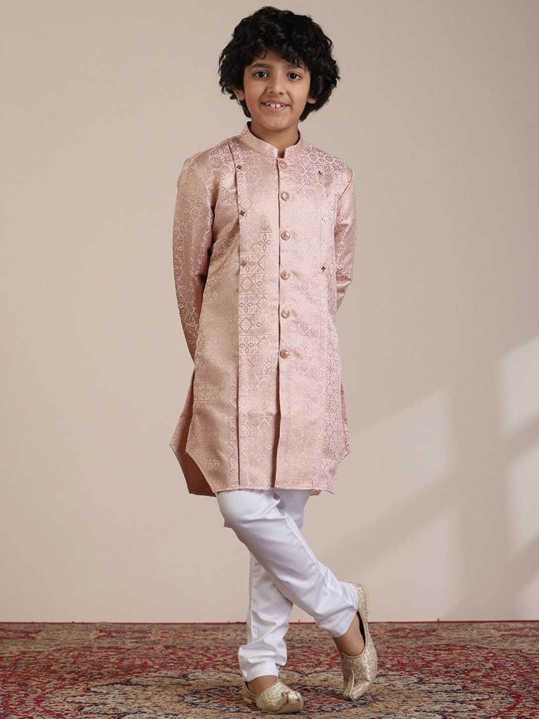 

Manyavar Boys Woven Design Regular Kurta with Trousers, Pink