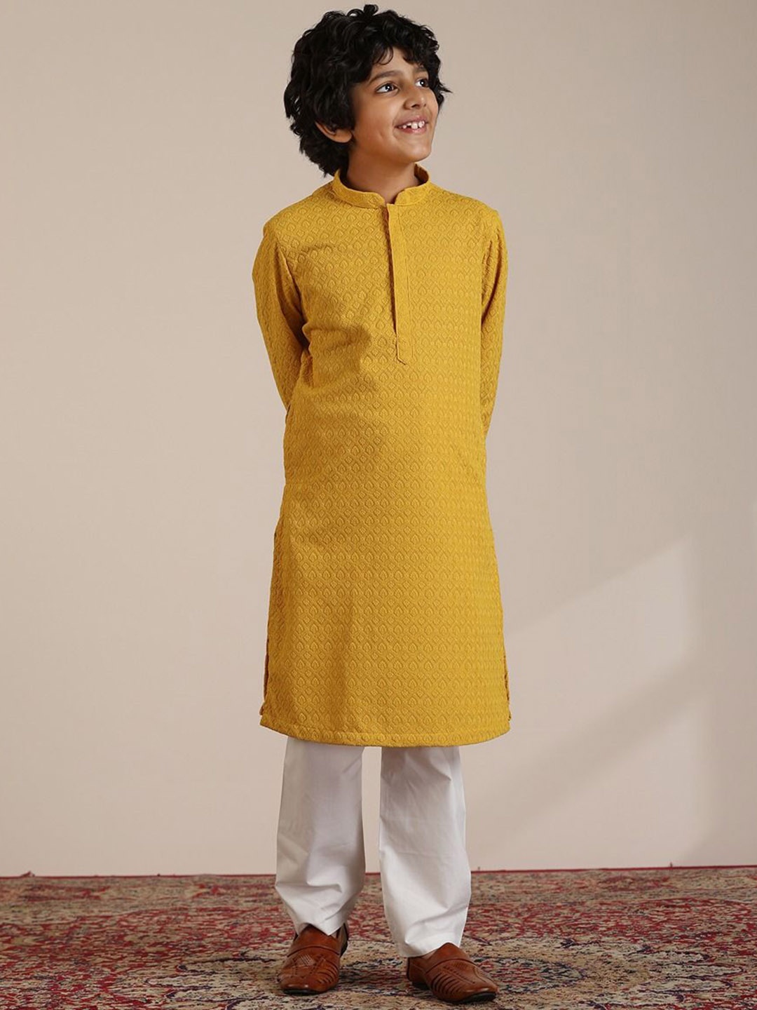 Manyavar Boys Embroidered Regular Thread Work Kurta with Pyjamas, Mustard