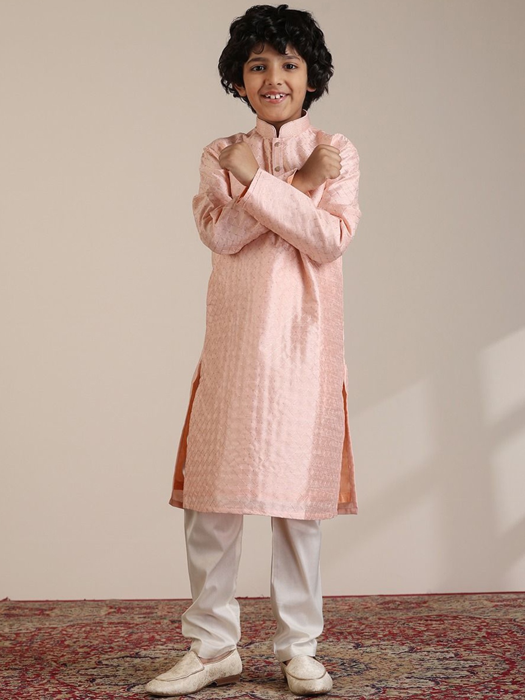 

Manyavar Boys Embroidered Regular Sequinned Kurta with Pyjamas, Peach