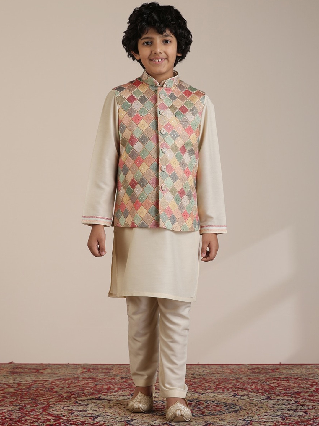 

Manyavar Boys Mandarin Collar Regular Straight Kurta With Pyjamas & Jacket, Beige