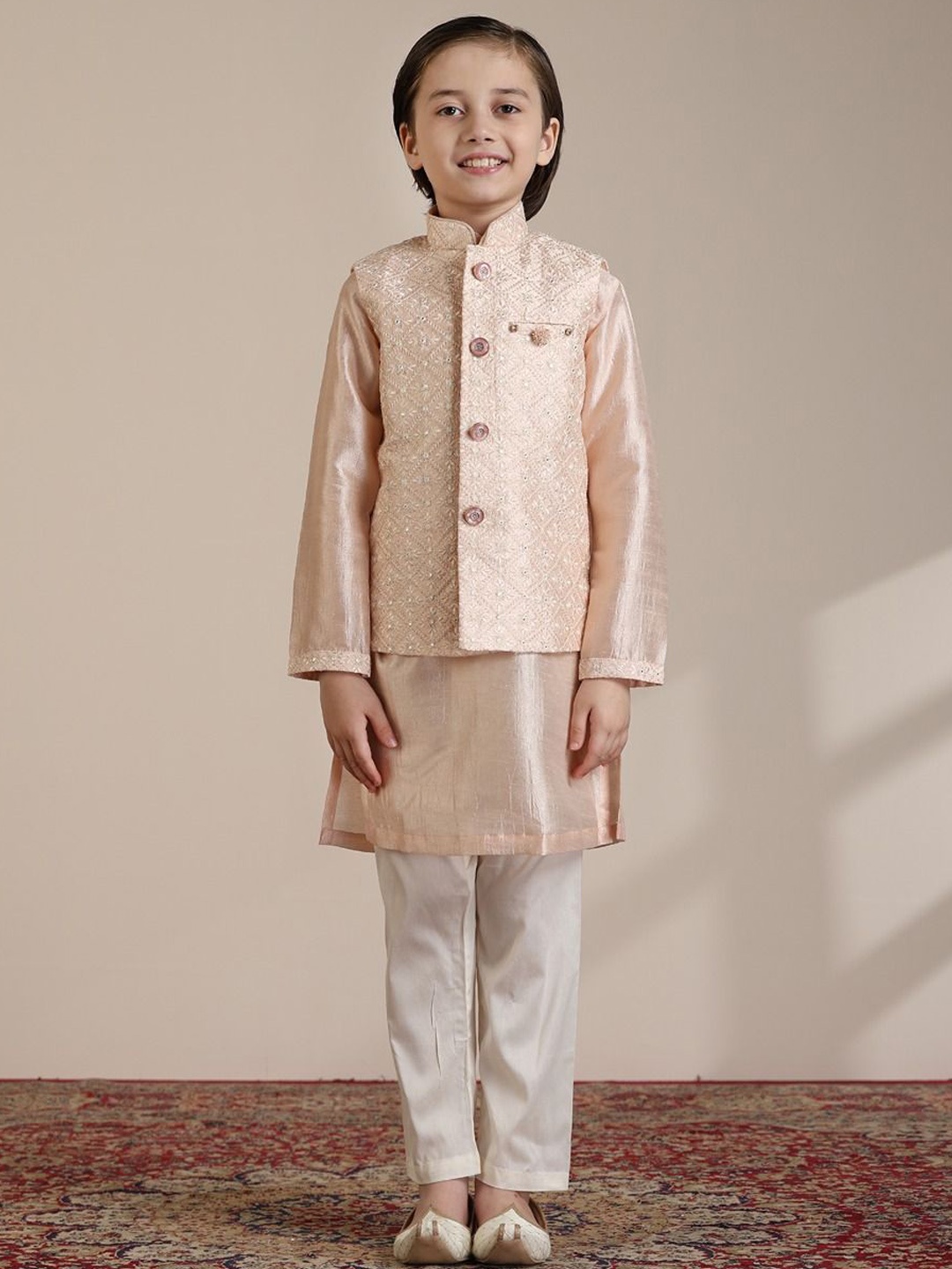 Manyavar Boys Regular Mirror Work Kurta & Pyjamas with Jacket, Pink