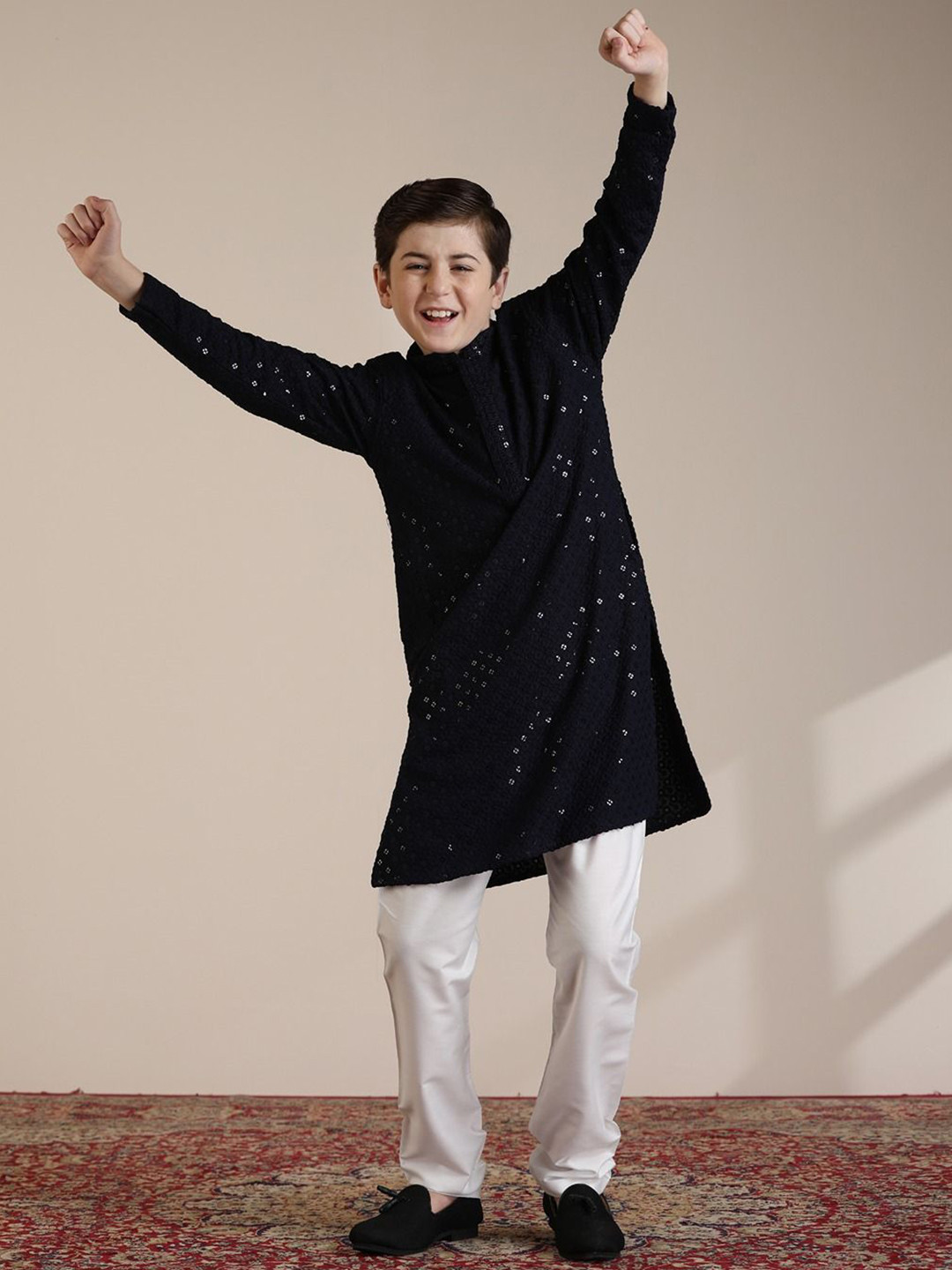 

Manyavar Boys Embroidered Regular Sequinned Kurta with Pyjamas, Black