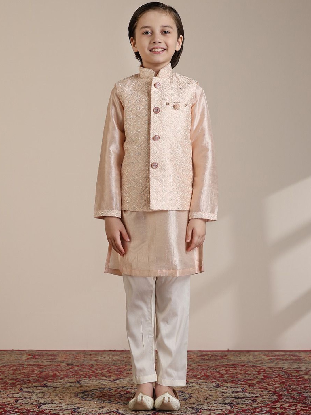 

Manyavar Boys Regular Mirror Work Kurta and Pyjamas with Jacket, Pink