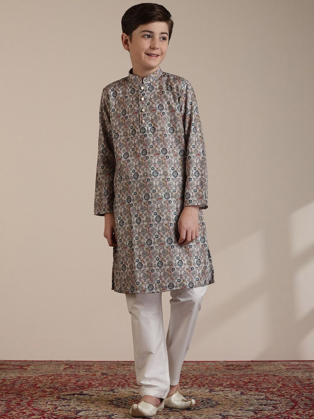 

Manyavar Boys Floral Printed Regular Kurta with Pyjamas, Beige