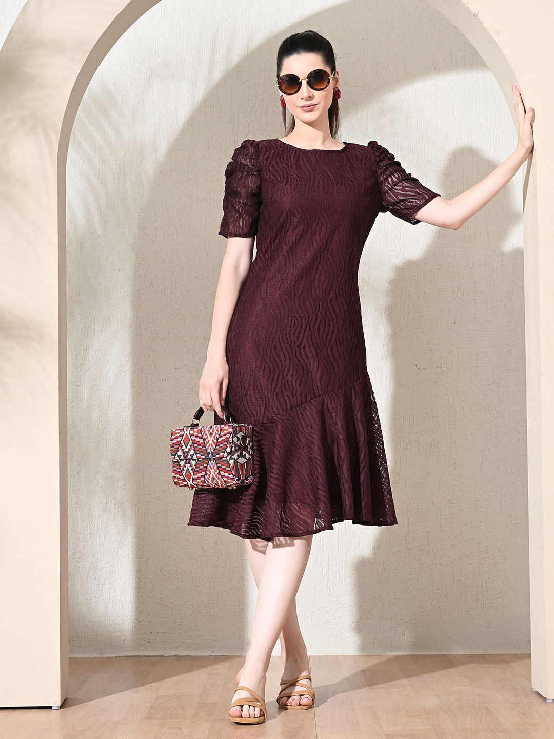 

TBOJ Puff Sleeve Net A-Line Dress, Maroon
