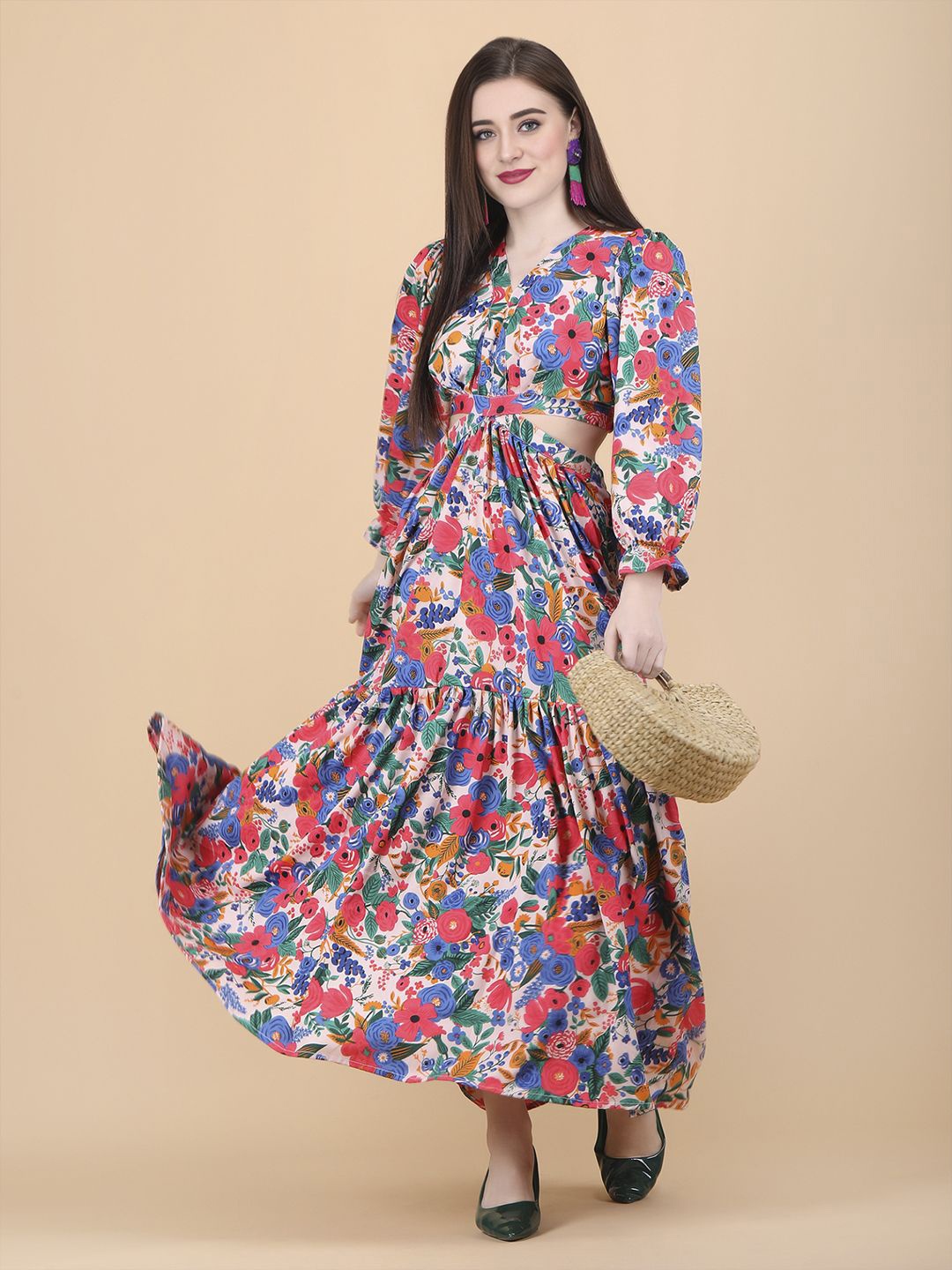 

DEKLOOK Women Floral Print Puff Sleeves Cut-Outs Crepe Maxi Dress, Pink