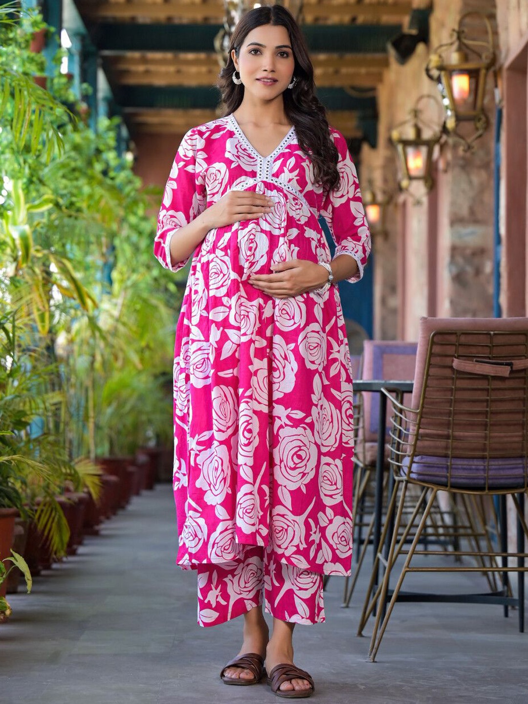 

Aujjessa Floral Printed Mirror Work Pure Cotton Maternity Kurta with Trousers, Pink