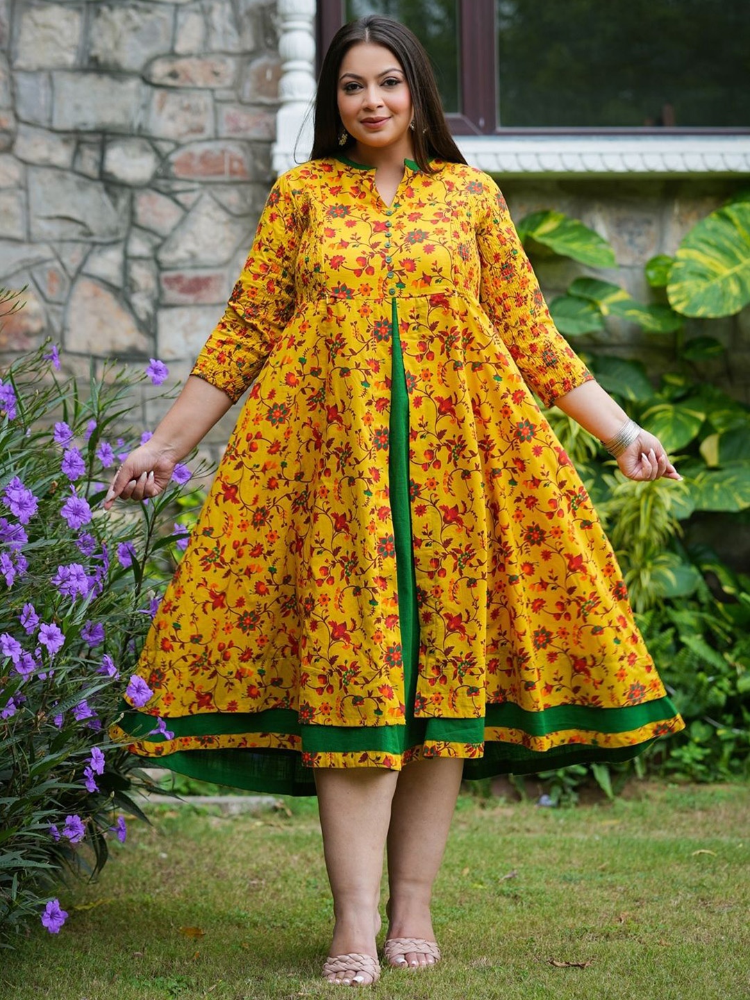 

YASH GALLERY Floral Print A-Line Midi Dress, Mustard