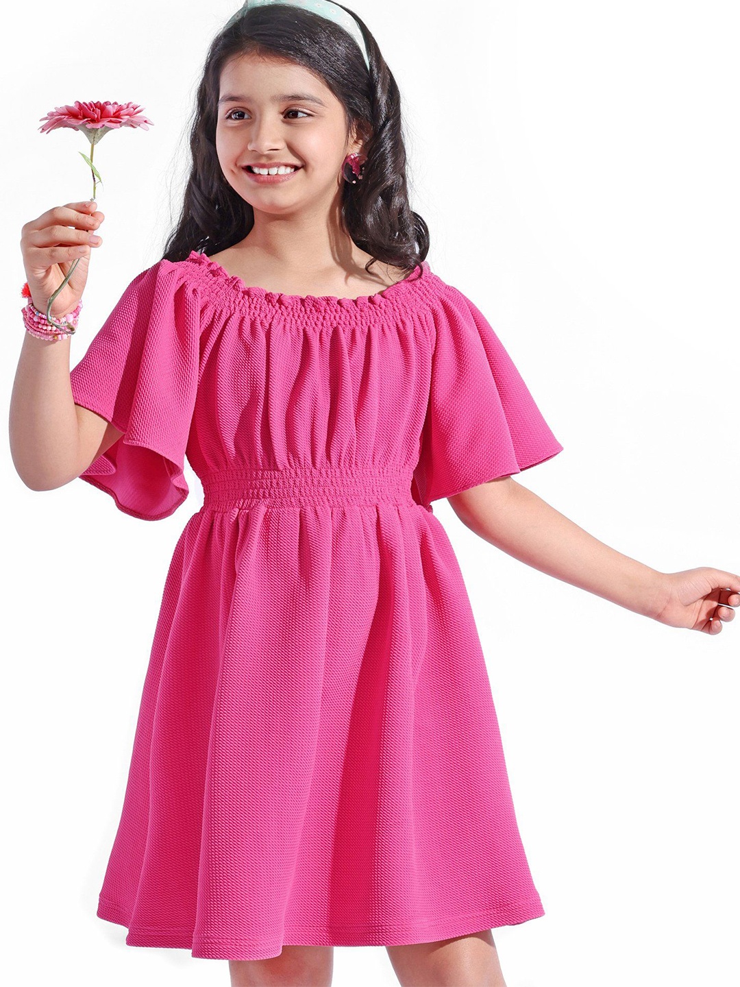 

Hola Bonita Girls Texture Flared Sleeve Fit and Flare Dress, Fuchsia