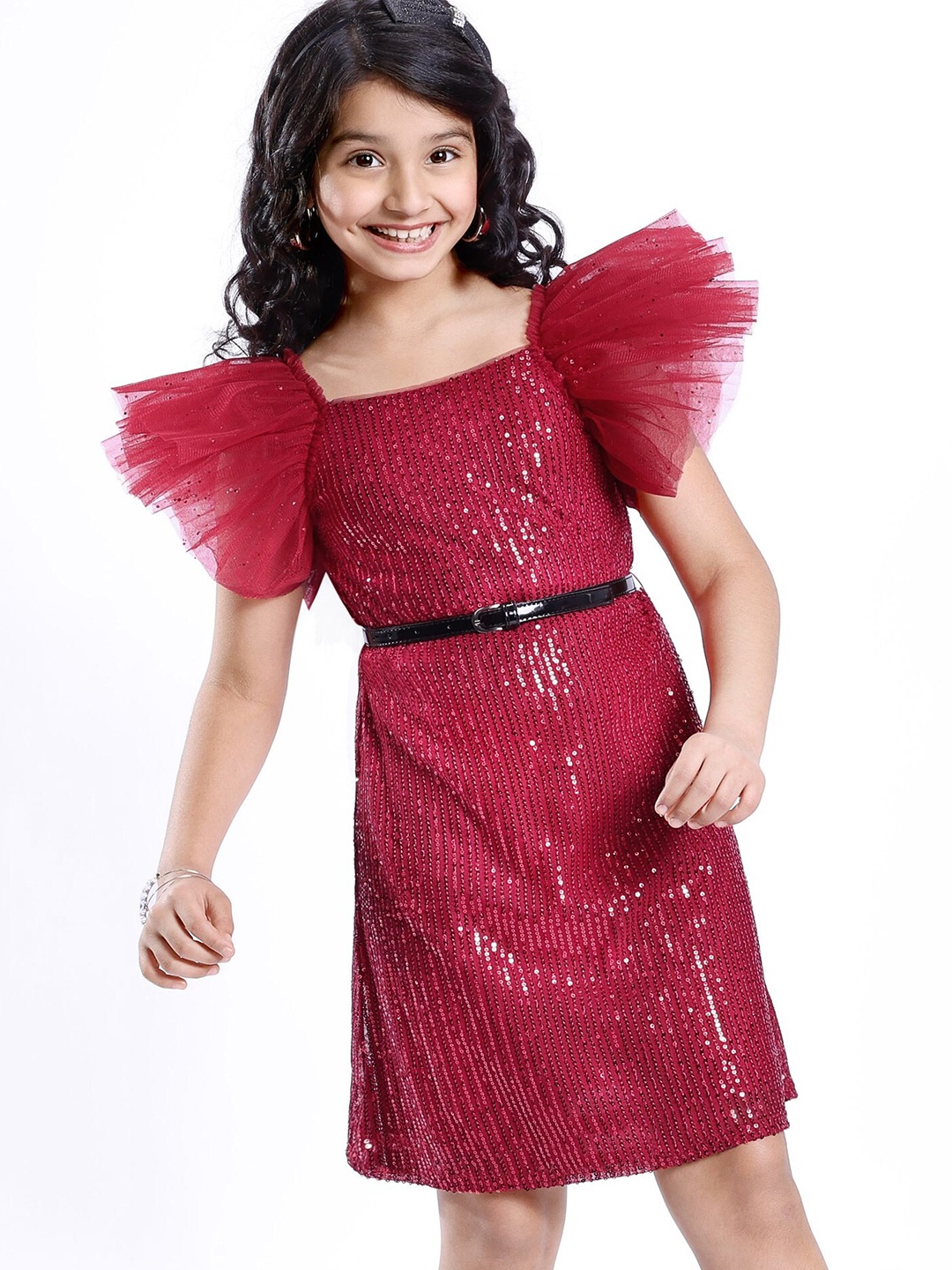 

Hola Bonita Girls Embellished Flutter Sleeve Net A-Line Dress, Red