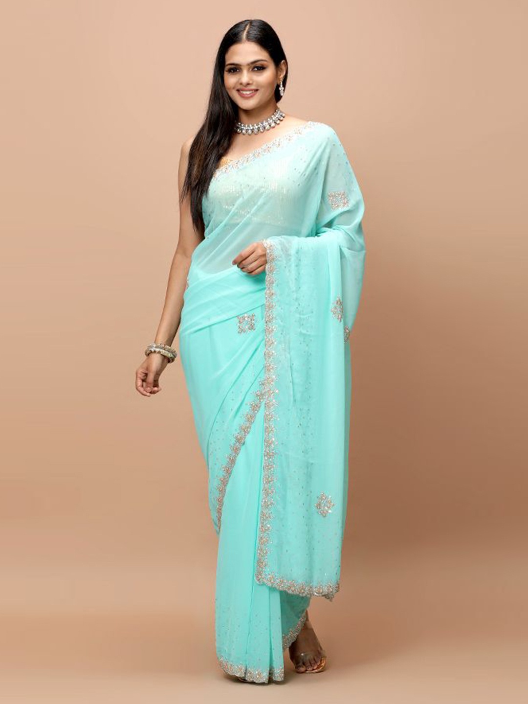 

Vervee Couture Embellished Sequinned Pure Georgette Saree, Blue