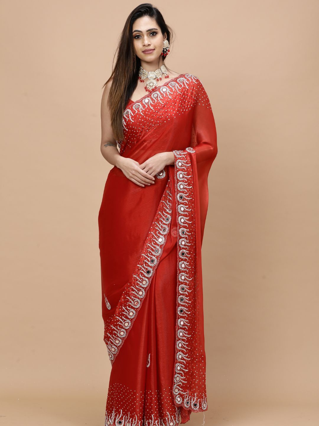 

Vervee Couture Embellished Mirror Work Organza Saree, Red