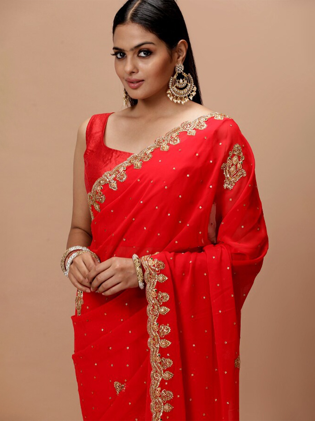 

Vervee Couture Embroidered Pure Georgette Saree, Red