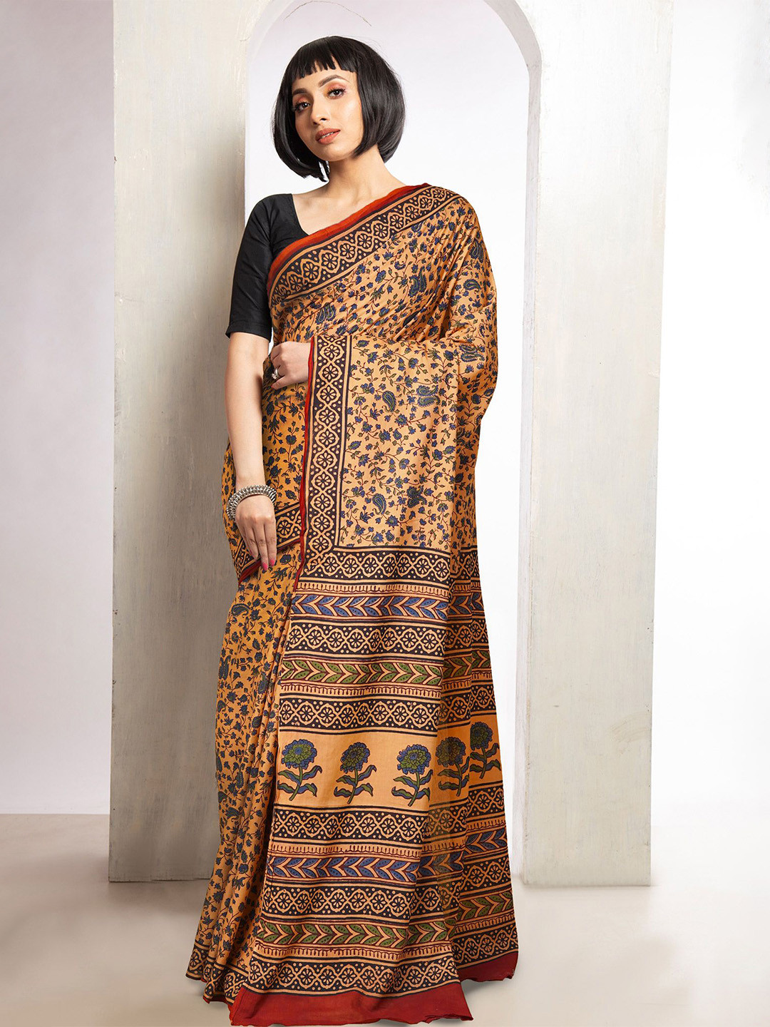 

Unnati Silks Ethnic Motifs Pure Cotton Handloom Bagru Saree, Orange
