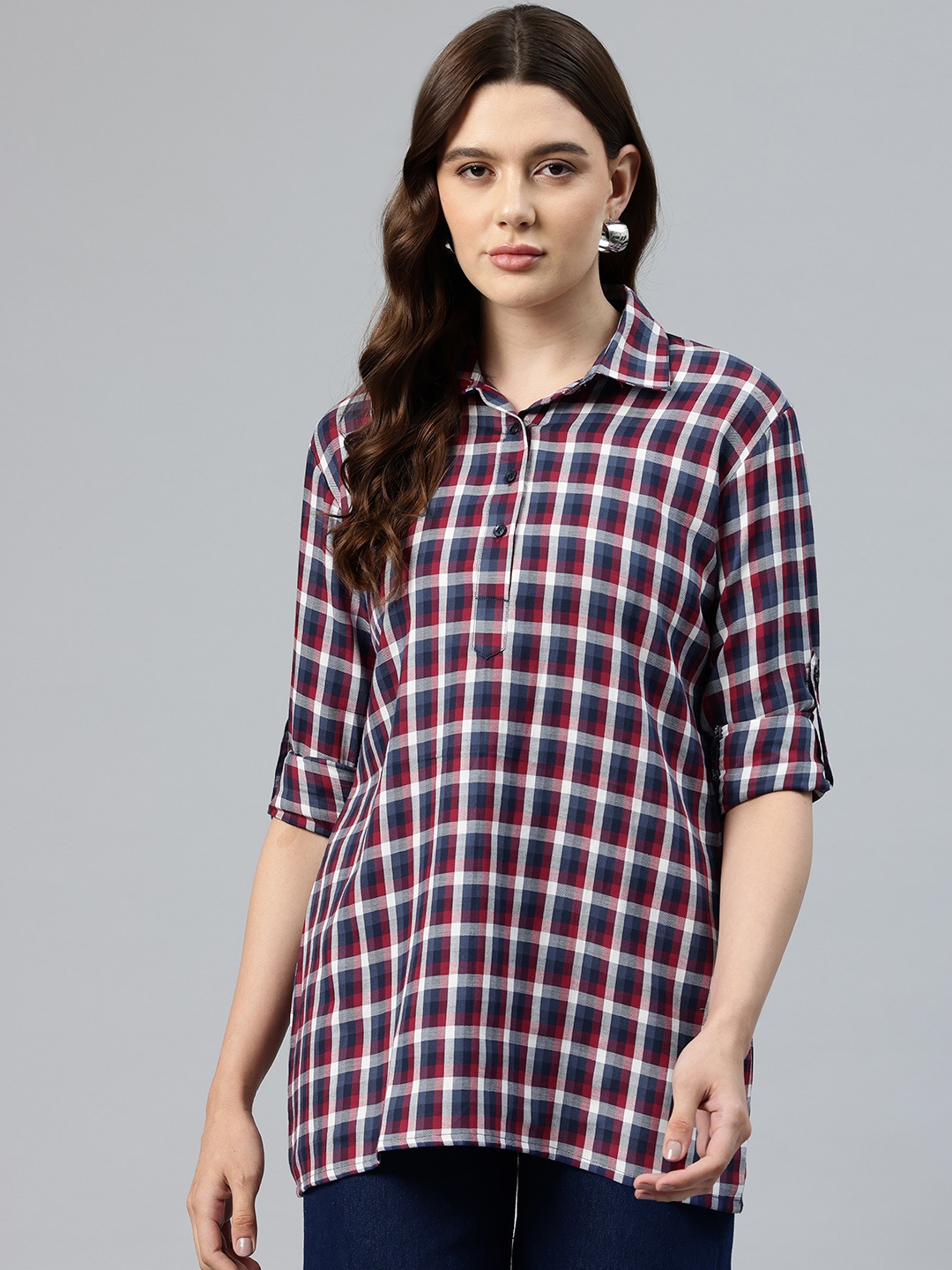 

One Femme Relaxed Checked Casual Shirt, Navy blue