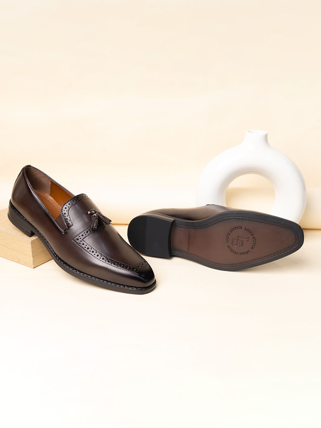 

LOUIS STITCH Men Brunette Brown Formal Slip-On Tassel Moccasin Shoes