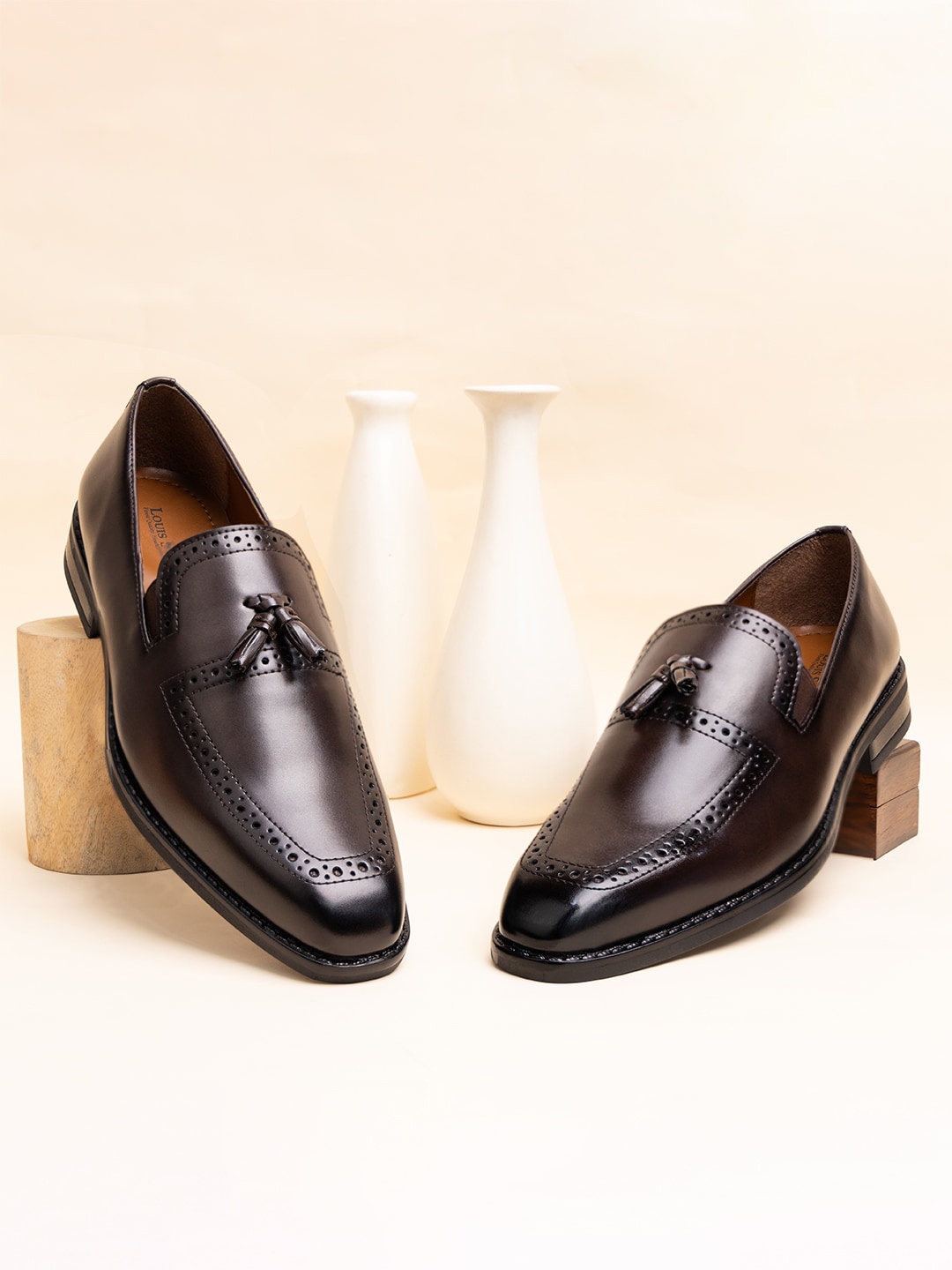 

LOUIS STITCH Men Brunette Brown Formal Slip-On Tassel Moccasin Shoes