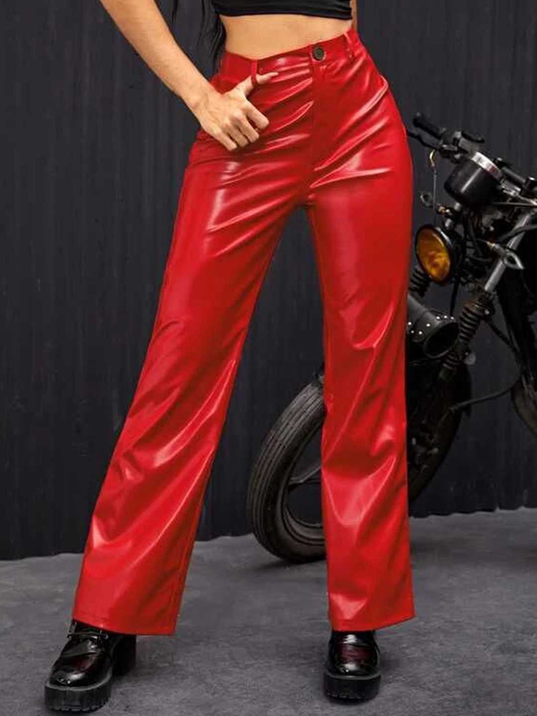 

TANDUL Women Solid Leather Smart Trousers, Red
