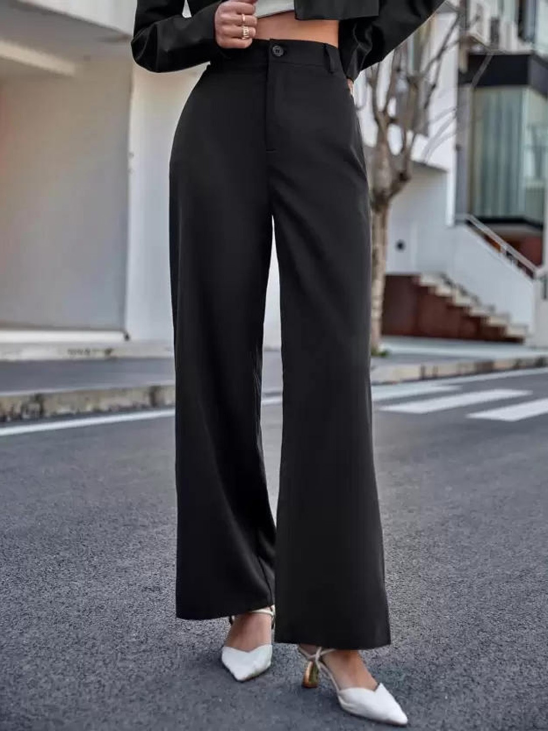

TANDUL Women Solid Smart High-Rise Bootcut Trousers, Black
