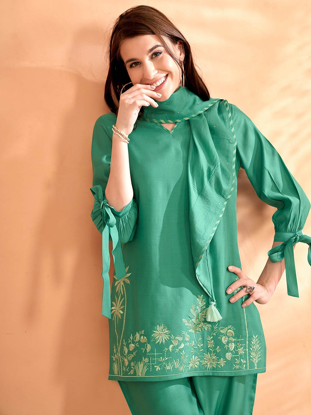 

Anouk Embroidered Three Quarter Sleeve Tunic Top & Trouser Co-Ords, Sea green