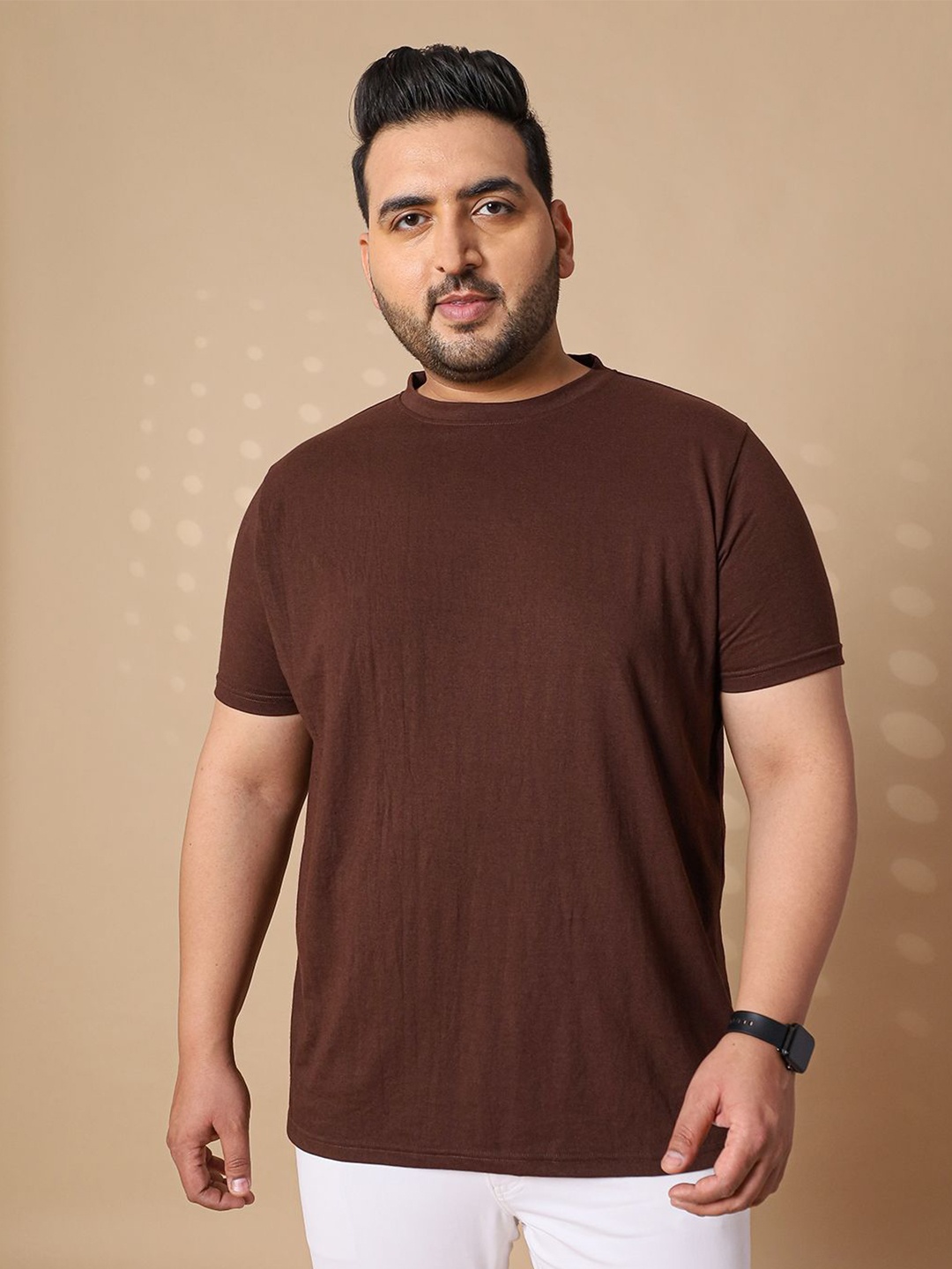 

bigbanana Men Round Neck Bio Finish Solid Plus Size T-shirt, Brown